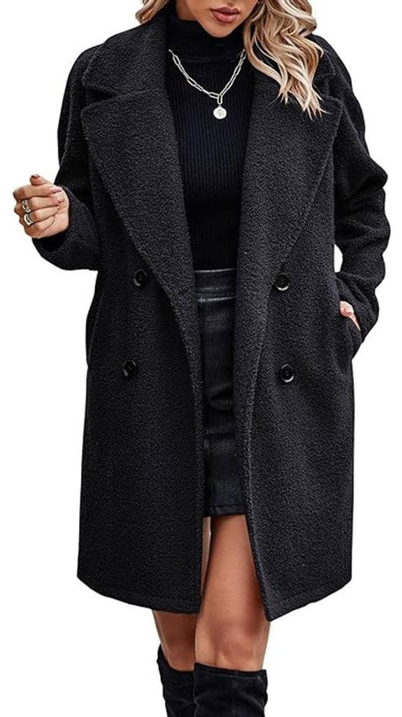 Damenmantel, langer Wintermantel - Übergangsjacke, elegante Fleecejacke mit Umlegekragen, schicker Wintermantel
