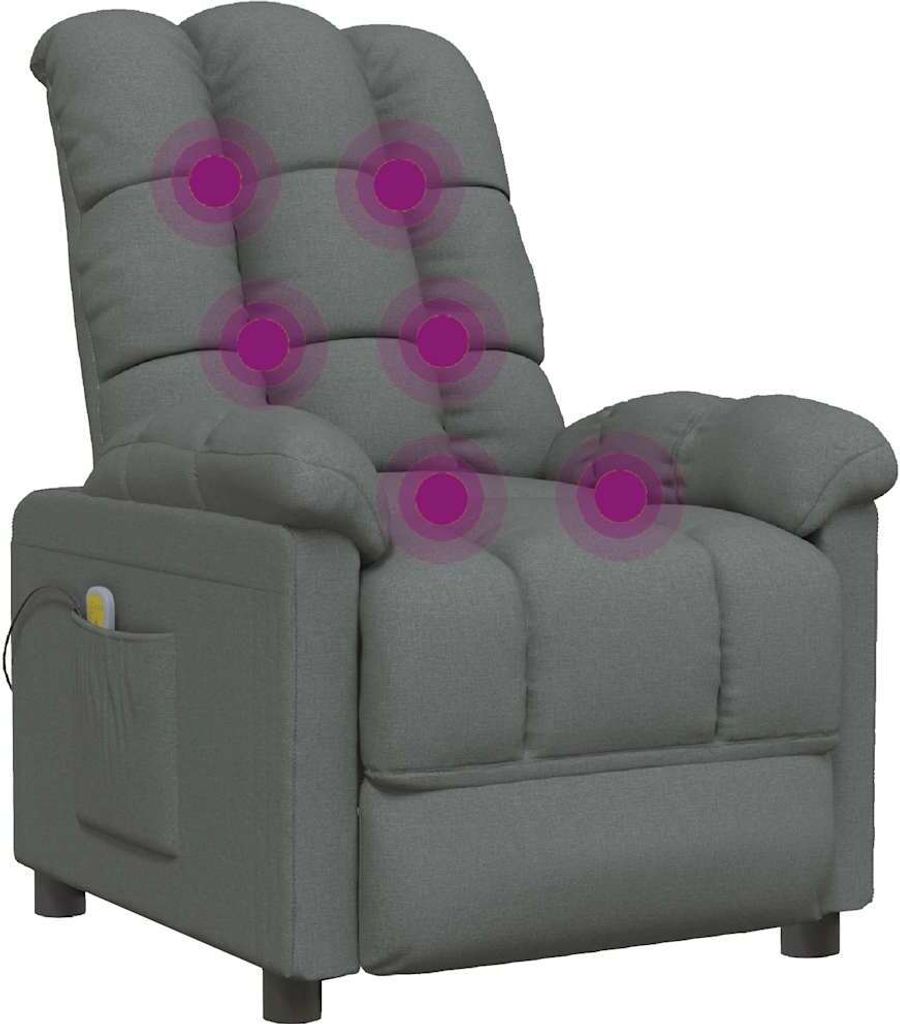 A gray fabric massage chair with purple circles indicating massage points.
