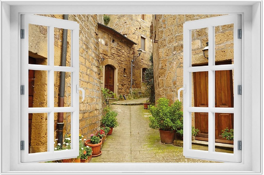Wallario Wandbild mit Fenster-Illusion: Weg durch die Altstadt - Toskana in Italien, Größe: 61 x 91,5 cm, Poster mit weißem Aluminiumrahmen