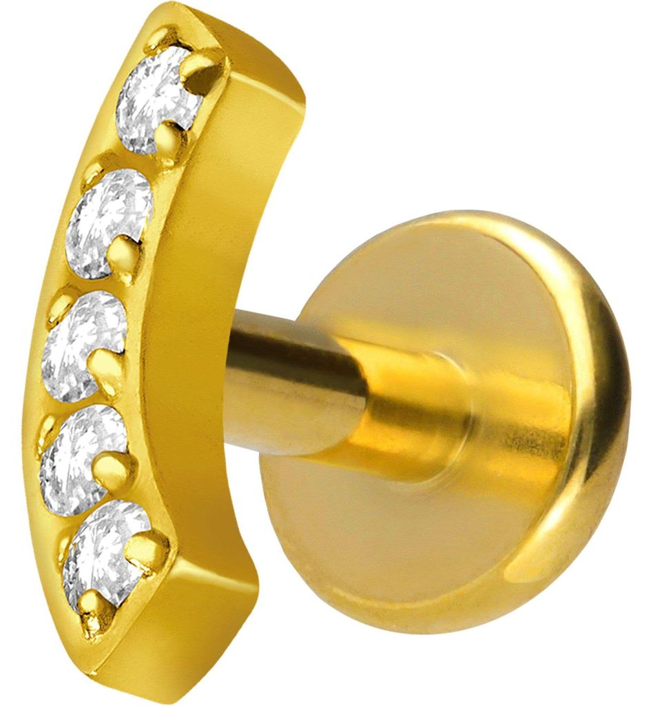 Ohrpiercing, Nasenpiercing Titan Labret mit Innengewinde BOGEN + 5 KRISTALLE Gold Stablänge: 5mm | Stabstärke: 1,2mm