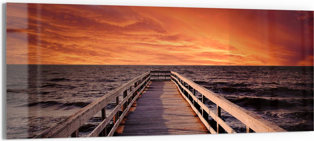 DEQORI Glasbild Echtglas 125x50 cm 'Steg ins Abendrot' Wandbild Bild modern Deko
