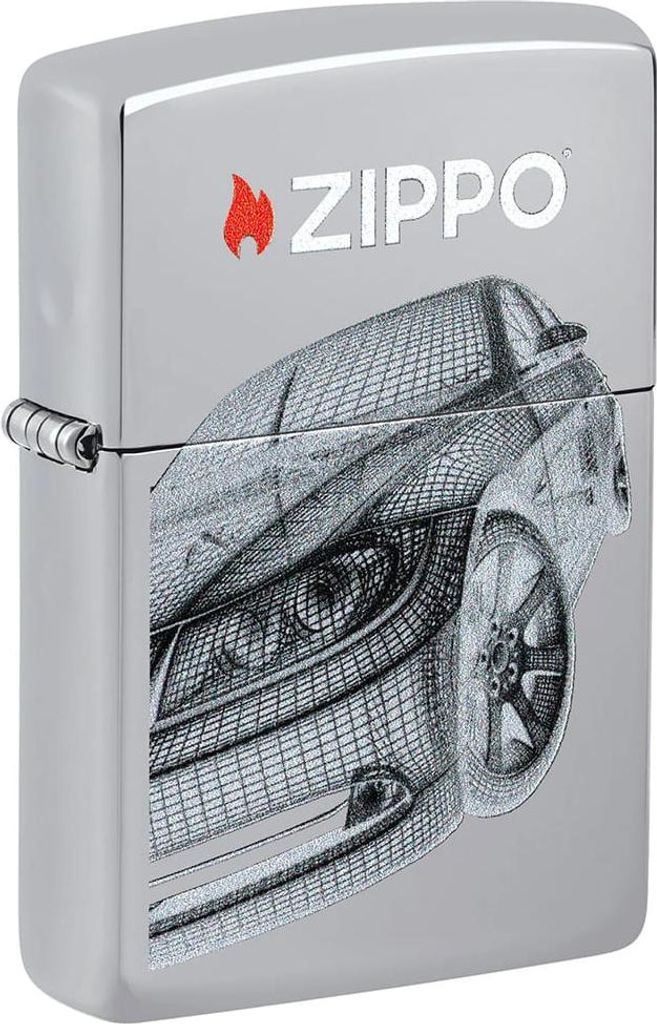 ZIPPO Benzinfeuerzeug Auto-Skizze mit lebenslanger Reparaturzusicherung, High Polish Chrome