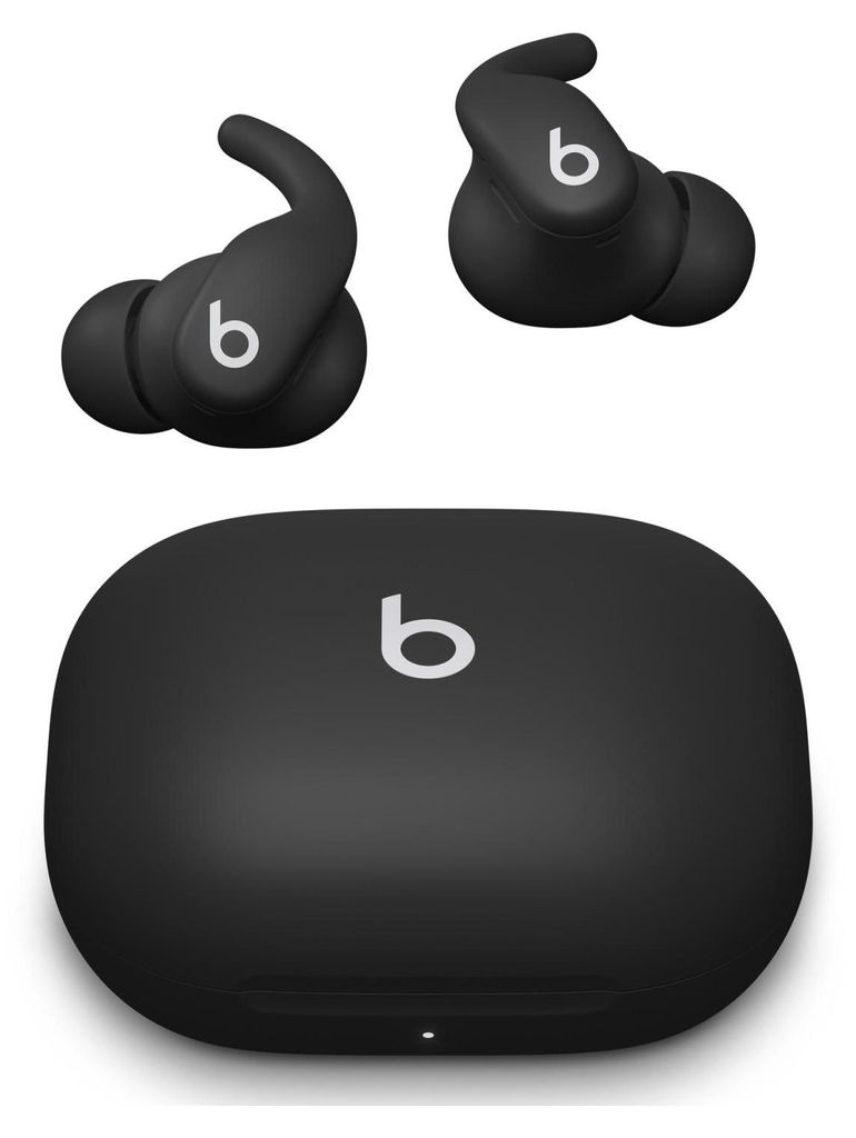 A pair of black wireless earbuds and their charging case are displayed against a white background.
