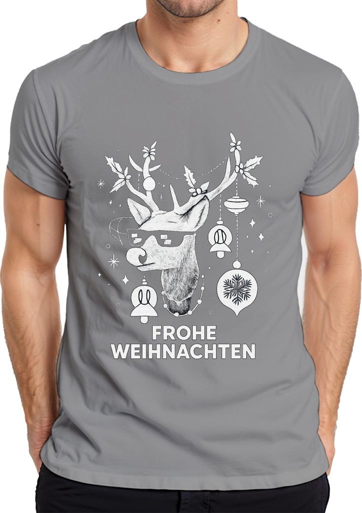 FROHE WEIHNACHTEN Rentier Sonnenbrille Hirsch Weihnachtskugeln Herren T-Shirt, Grau, 3XL