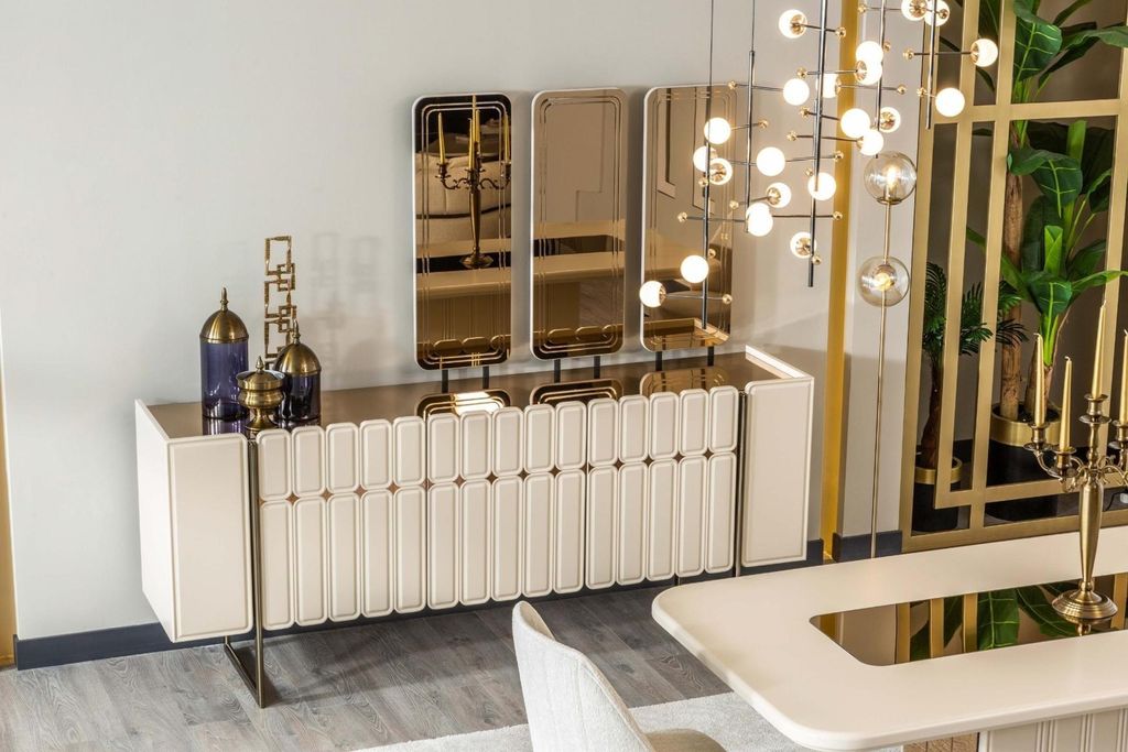 Modernes Weißes Esszimmer Set Esstisch Sideboard Stühle x3 Spiegel 9tlg