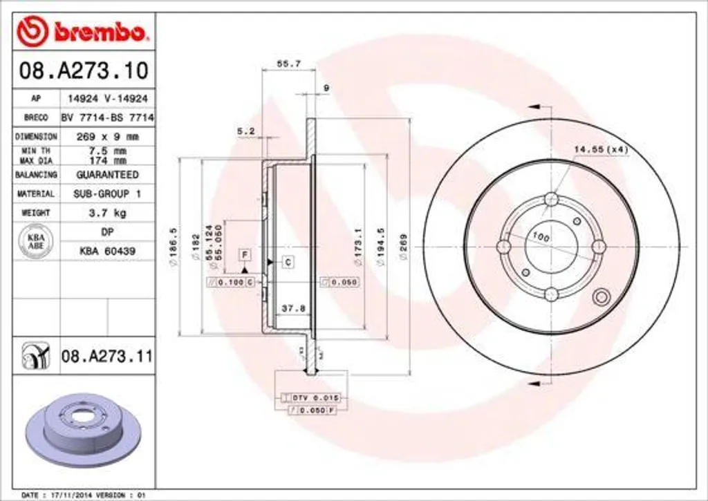 Disque de frein haute performance Brembo 08.A273.11 pour Toyota OE