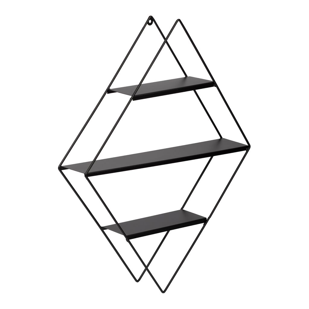 A black diamond-shaped wall shelf with three shelves against a white background.