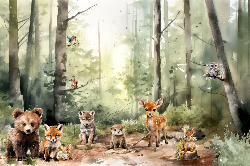 Deco-Wall | Viles Fototapete- Kinderzimmer | Junge Waldtiere | 300x200 cm | Wandtapete | Wandsticker für Kinder