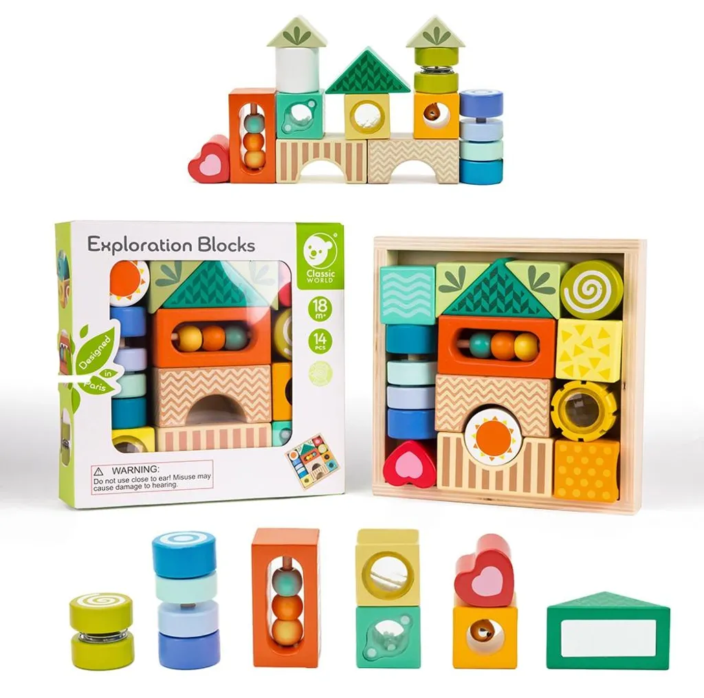 Blocs Sensoriels en Bois avec Effets Sonores et Visuels Puzzle 18 el.