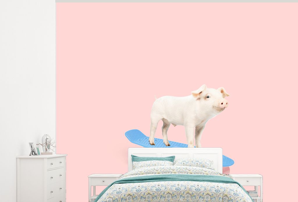 MuchoWow Fototapete für Wohnzimmer oder Schlafzimmer Wandtapete Vinyl Motivtapete Schwein - Rosa - Skateboard - Blau - Tiere - 275x220 cm - Gemu...