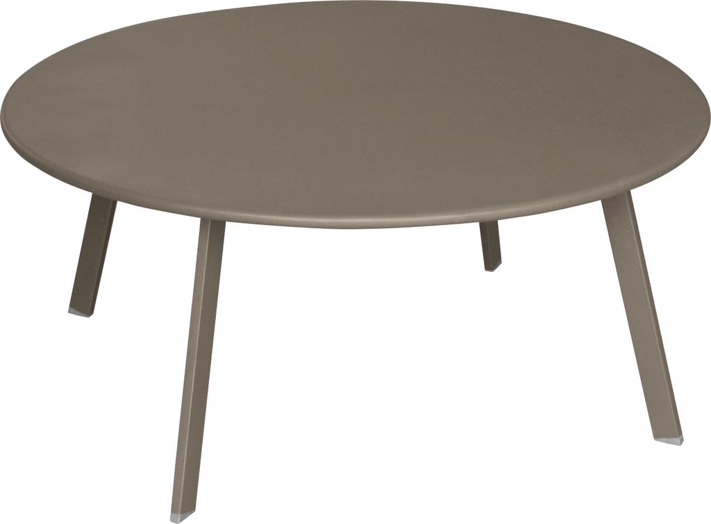A round coffee table with three legs on a white background.