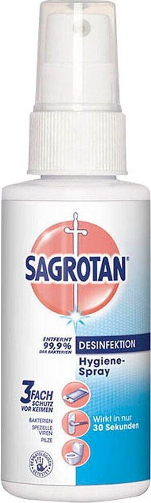 A product shot of a Sagrotan hygiene spray bottle against a white background.