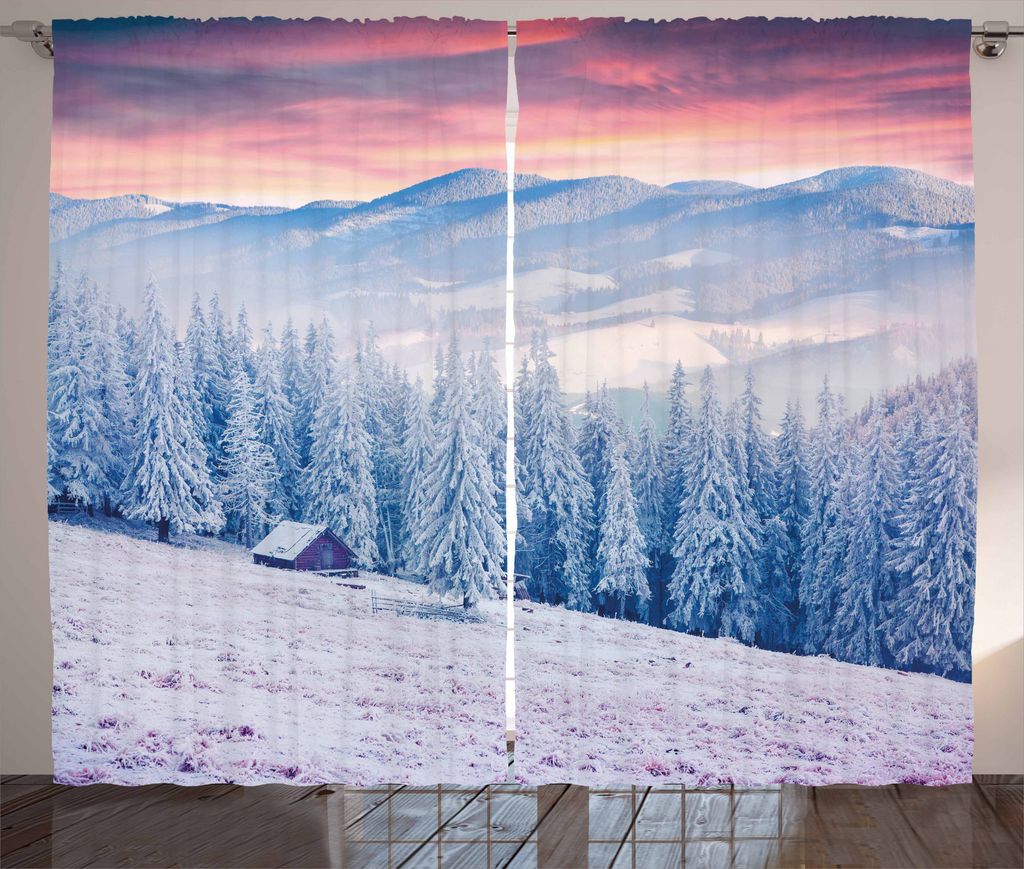 ABAKUHAUS Winter Rustikaler Gardine, Ruhige Landschaft, Schlafzimmer Kräuselband Vorhang mit Schlaufen und Haken, 280 x 225 cm, Weiß Rosa Blau