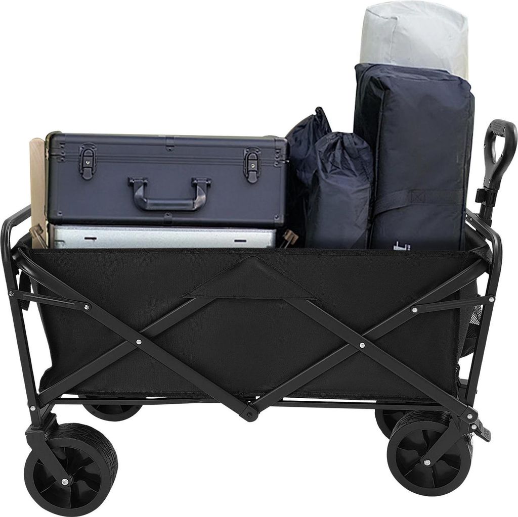 Faltbarer Bollerwagen - Schwerlast Handwagen - 115 kg Tragkraft - 4 Räder 20 cm - Stahlrahmen & 800D Gewebe - Verstellbarer Griff - Schwarz