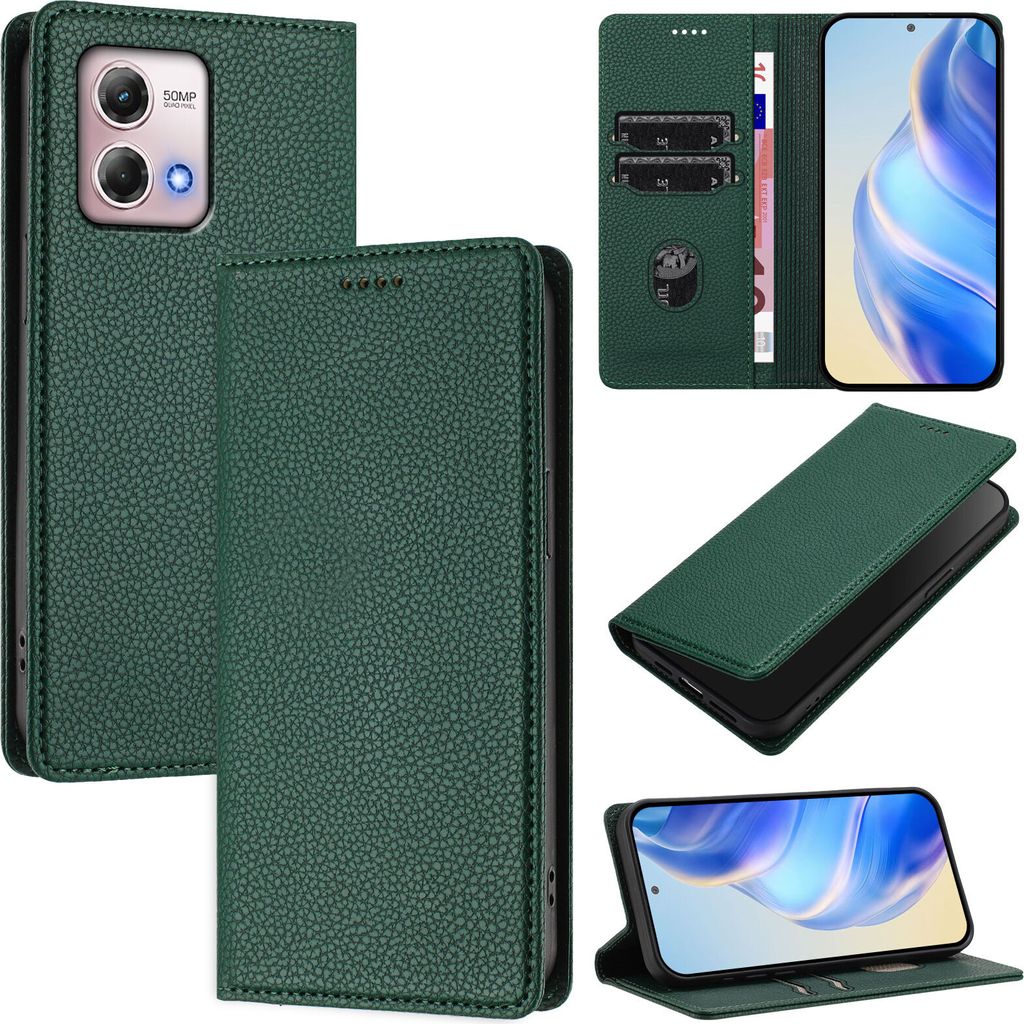 Litchi Leder Handyhülle für Motorola Moto G Stylus 2023 4G Wallet Kartenfächer Standfunktion Hülle Grün