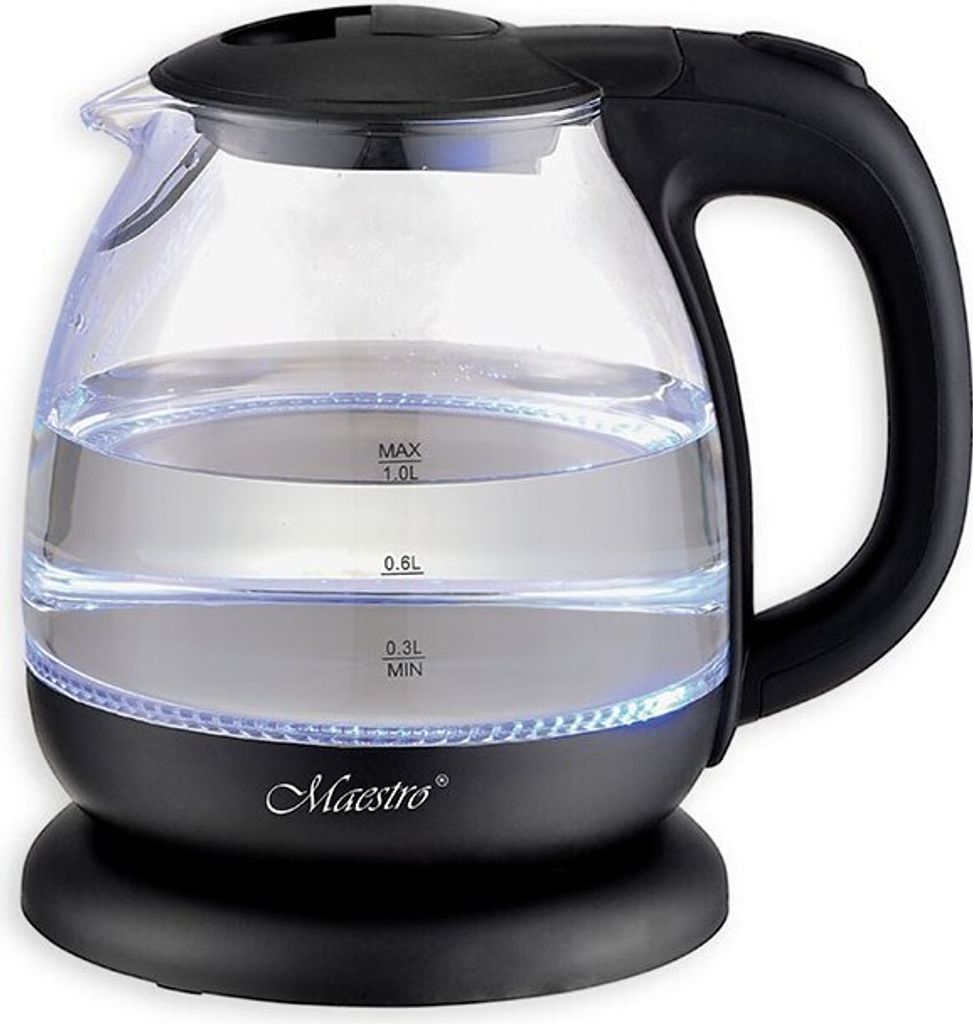 A black and clear glass electric kettle filled with water.
