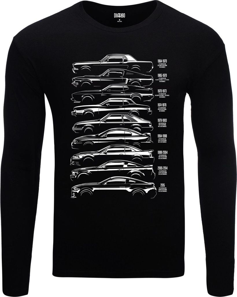 Herren Warm, Langarm-T-Shirt mit Druck Entwicklung des Ford Mustang Schwarz Gr.XS