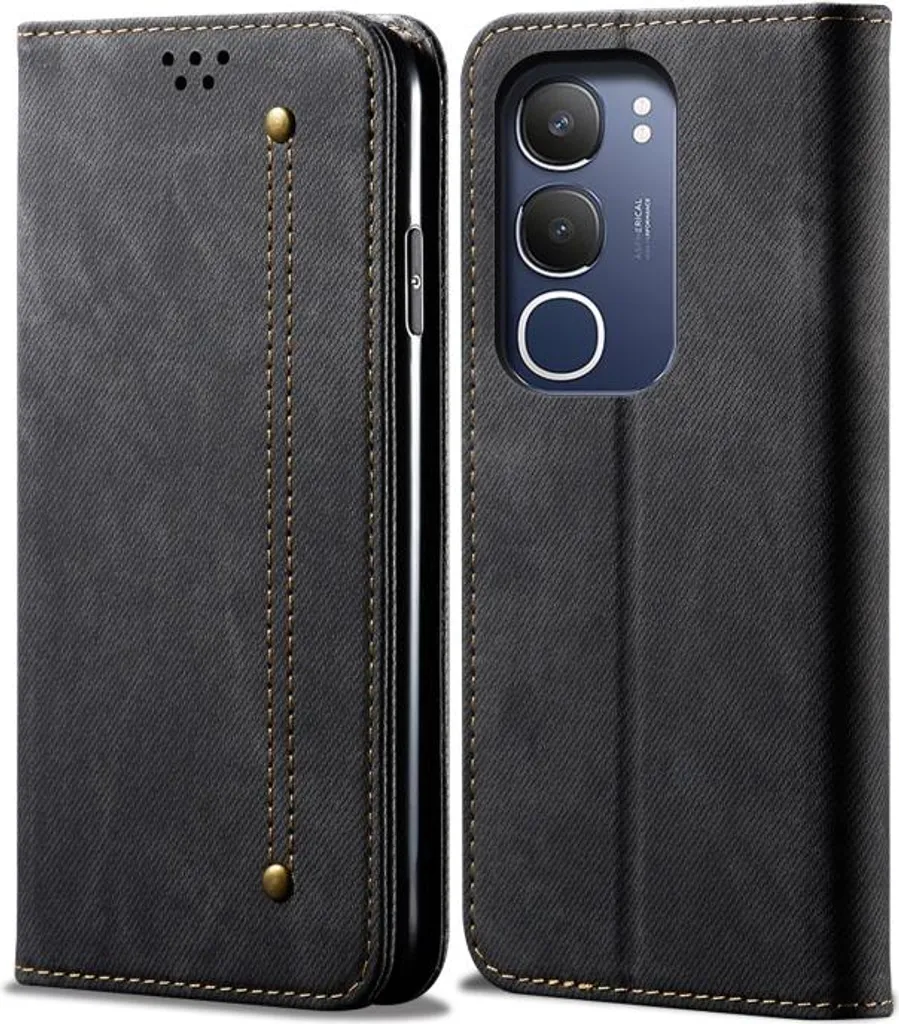 Custodia Business Vivo Y19s 4G: Wallet Case in Pelle e Denim Nero