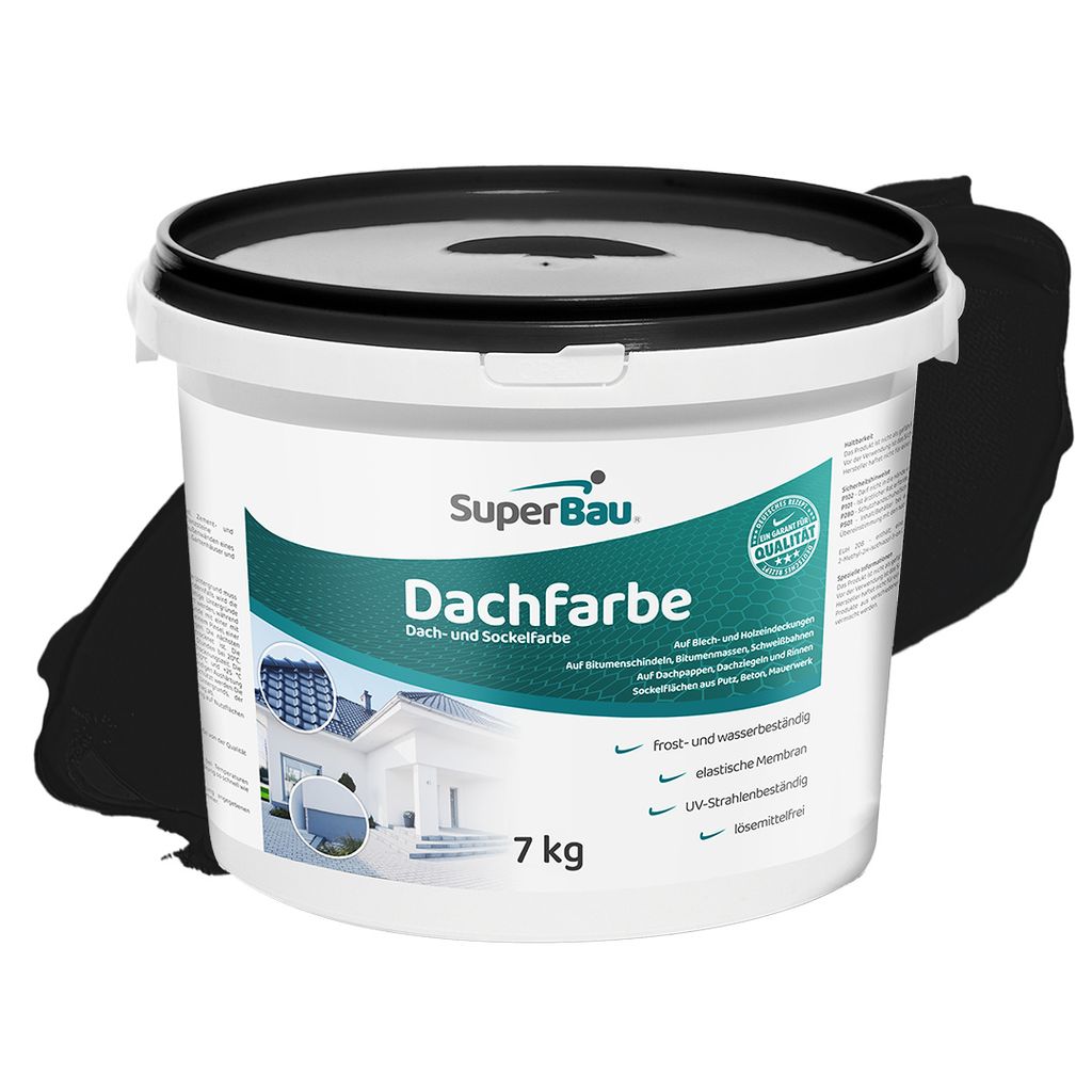 Superbau Dachfarbe Schwarz 7kg, Sockelfarbe WASSERDICHT, Fassadenfarbe für Außen, Dachbeschichtung für Blechdach, Bitumen, Dachpappe, Schindeln,...