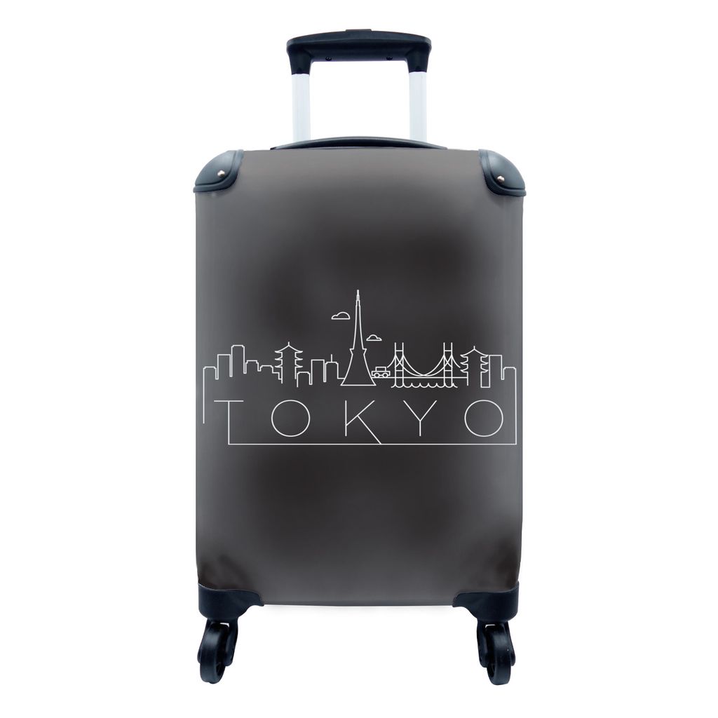 MuchoWow Koffer Handgepäck Trolley Rollkoffer Kleine Reisekoffer mit 4 Rollen - Skyline "Tokio" weiß auf schwarz - Cabin Size < 55x40x23 cm & 5...