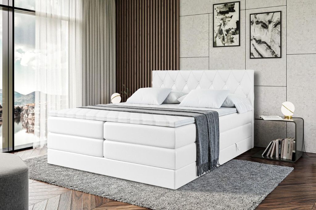 ALTDECOR Boxspringbett mit Matratze und Lattenrost - AMAY -BZ KING - 160x200 cm - Weiß Kunstleder - Topper, Polsterbett mit Bettkasten, Bett mit S...