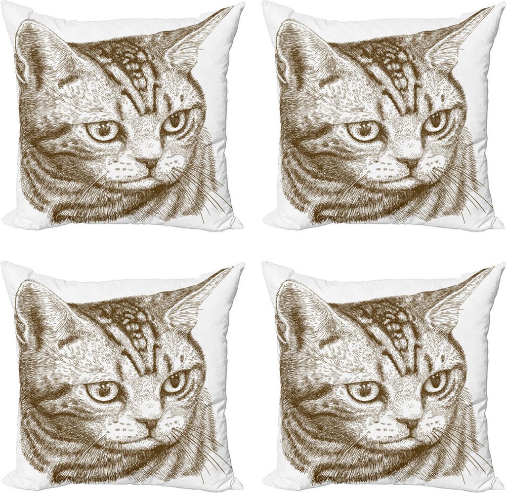 ABAKUHAUS Katze Kissenbezug Set (4 Stück), Portrait eines Kitty Hipster, Moderner Doppelseitiger Digitaldruck, 40 cm x 40 cm, Grün Braun Weiß