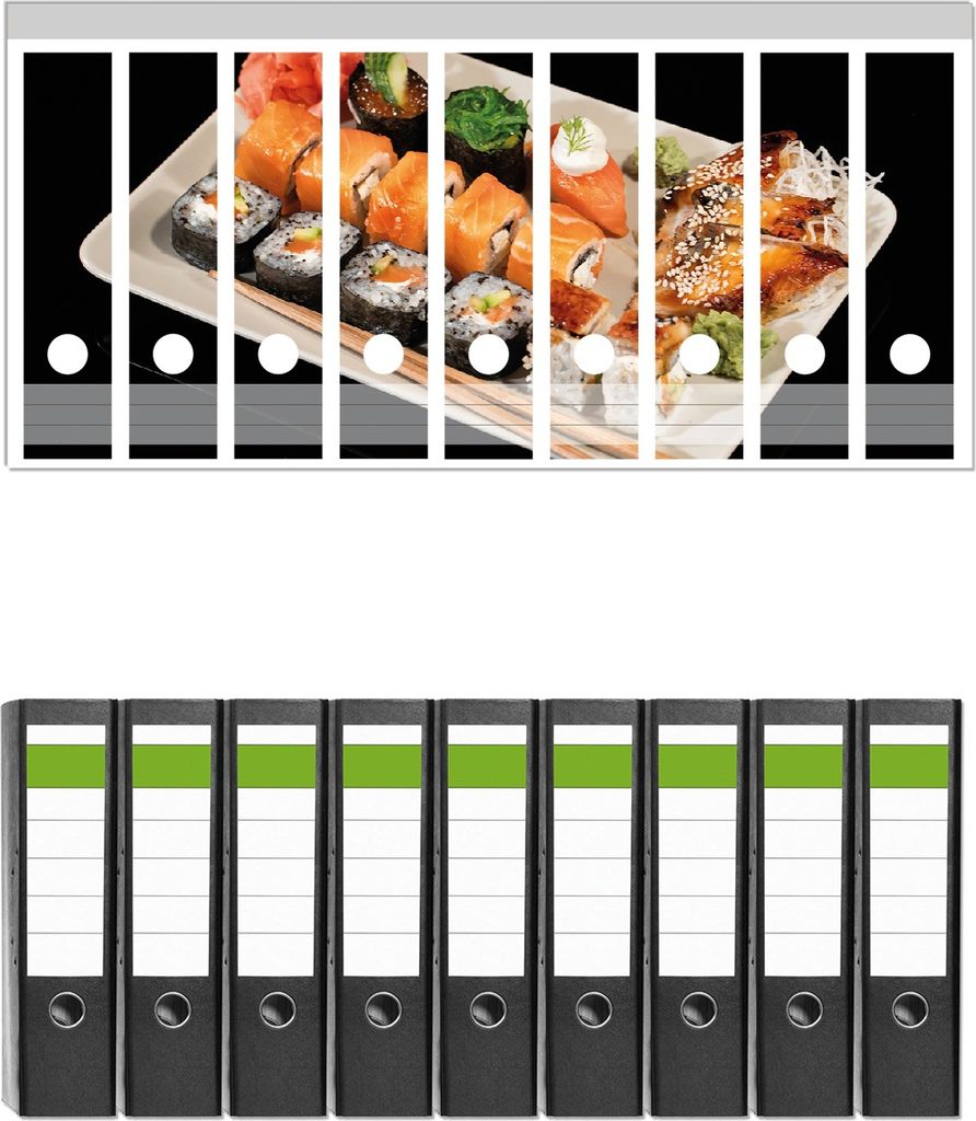 Wallario 9 Stück breite Ordner inkl. Klebeetiketten mit Motive Sushi-Menü mit Inside-Out Sushi, Nigiri und Wasabi - Set mit Rückenschildern / O...