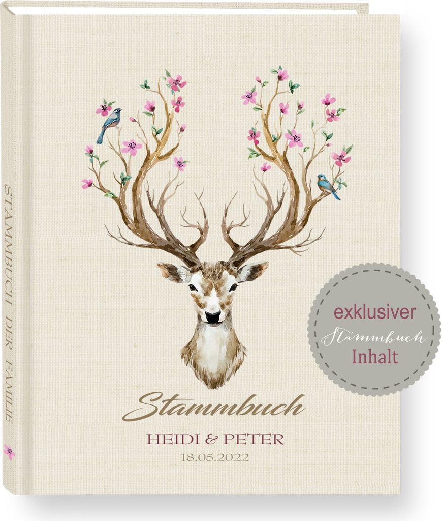 Stammbuch der Familie mit Namen Chifre beige Stammbücher A5 Familienstammbuch personalisiert Hochzeit Trauung Leinen Stoff Hirsch