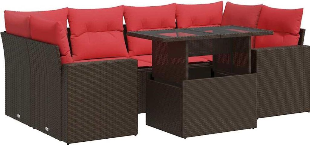 vidaXL 7-tlg. Garten-Sofagarnitur mit Kissen Braun Poly Rattan Akazie