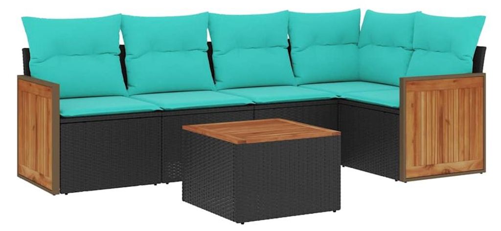 vidaXL 6-teiliges Gartensofa-Set mit Kissen, schwarzes Polyrattan