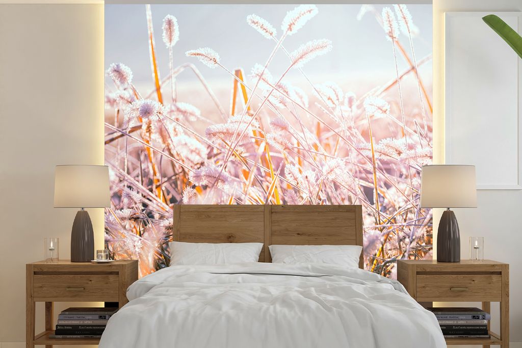 MuchoWow Fototapete für Wohnzimmer oder Schlafzimmer Wandtapete Vinyl Motivtapete Gras - Sonne - Winter - Schnee - 350x350 cm - Schlafzimmertapete