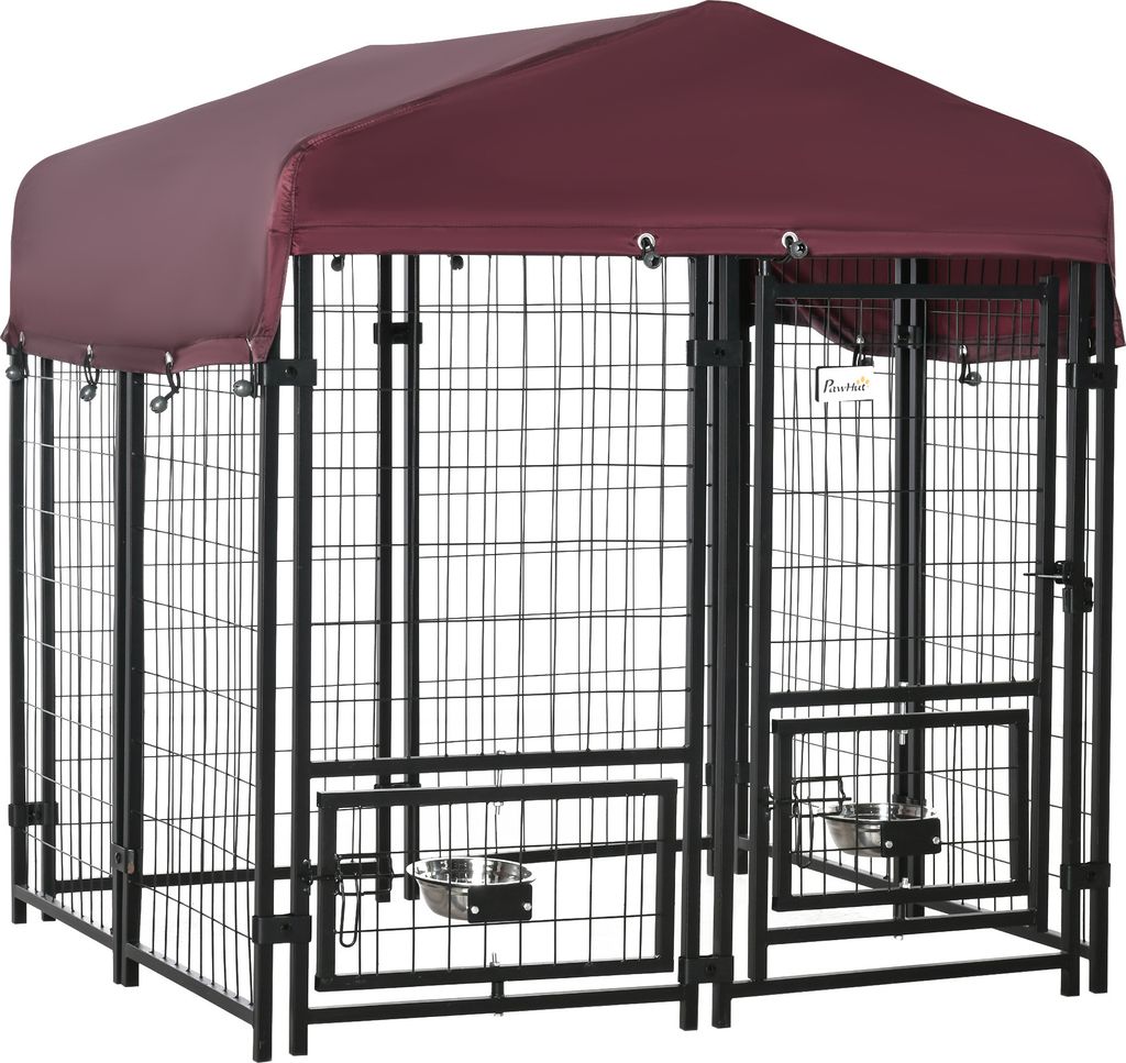 PawHut Outdoor-Zwinger mit Oxford-Stoff-Markise, Hundepark, 8 Stahlzäune mit 2 rotierenden Futterspendern, Tür und Schloss, Garten-Hundekäfig, 1...