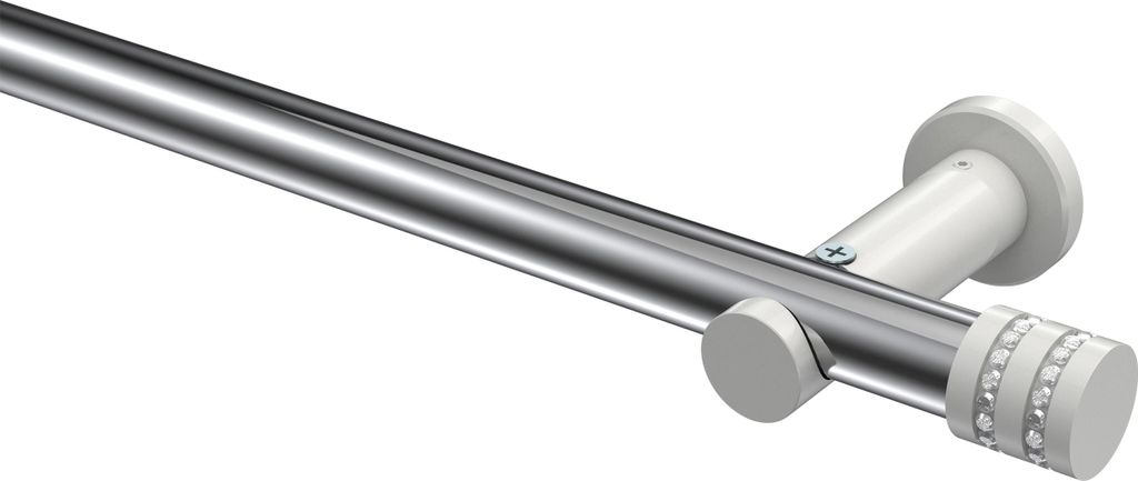 Interdeco Gardinenstange / Vorhangstange Chrom / Weiß, Typ Platon Estana (Glitzerkappe) ohne Ringe, 20 mm Ø 1-läufig, 480 cm