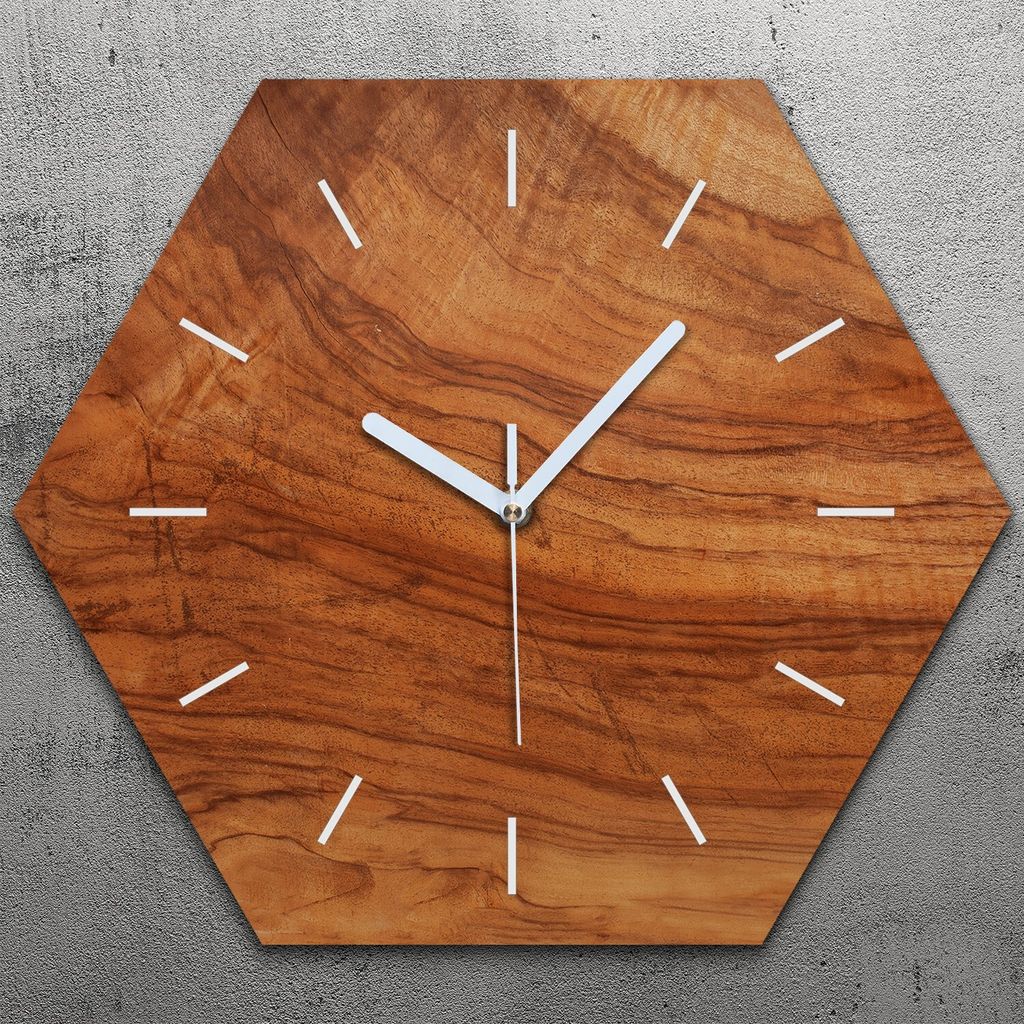 Uhr hexagonal 40 cm Glas Geräuschlos weiße Zeiger - Holz Produktbild 