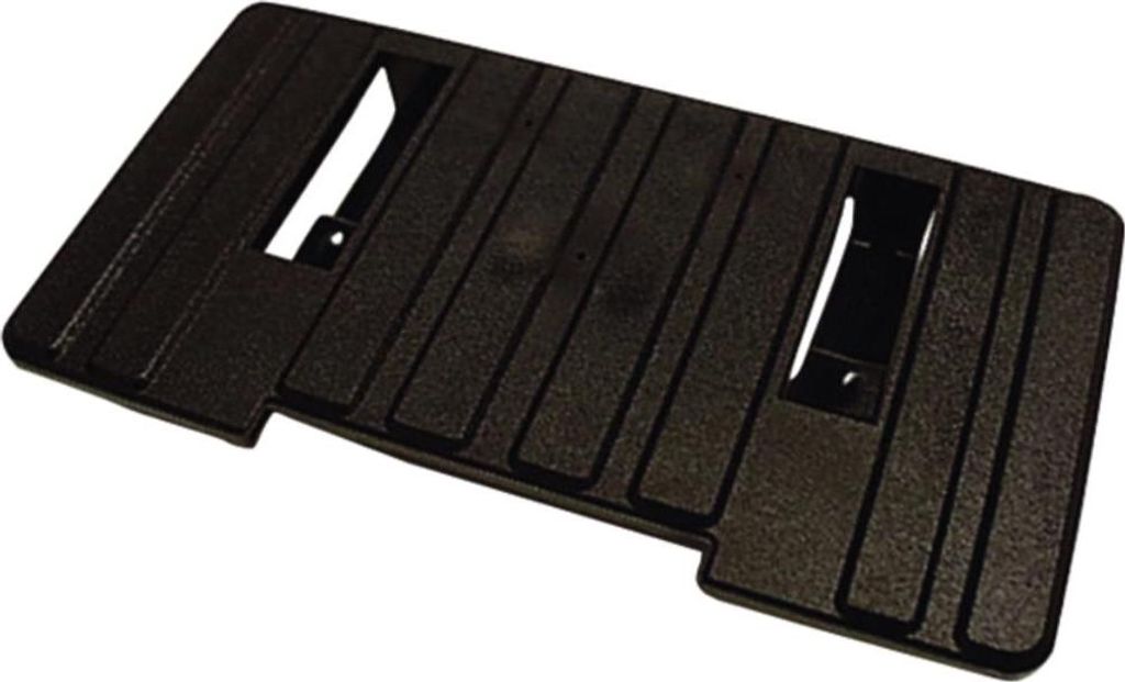 A black plastic part with grooves and cutouts, shown from a slightly elevated angle against a white background.