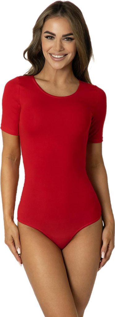 Alkato Damen Kurzarm Body Baumwolle Bodysuit mit Rundhalsausschnitt blickdicht, Farbe: Rot, Größe: M (Short 158-164 cm)