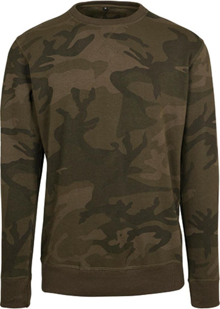 Build Your Brand BY110 | Herren Camo Crewneck T-Shirt - Lang geschnitten - Farbe: Olive Camo - Größe: S