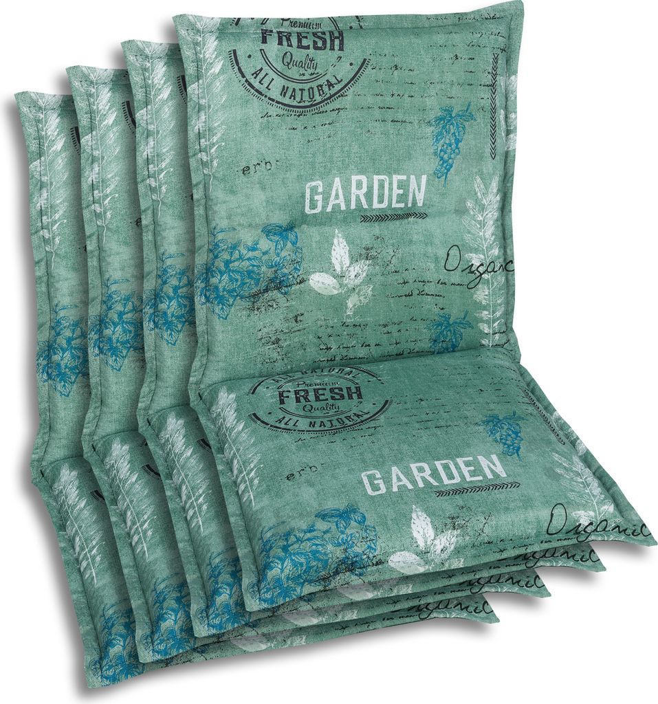 A stack of green chair cushions with a garden-themed pattern.