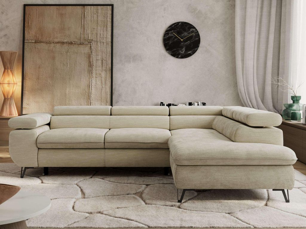 Couch mit Schlaffunktion L-form Ecksofa mit Topper Visco Wohnzimmersofa mit Einstellbare Kopfstützen - PABLO L - Schenille glatt - Beige - Rechts