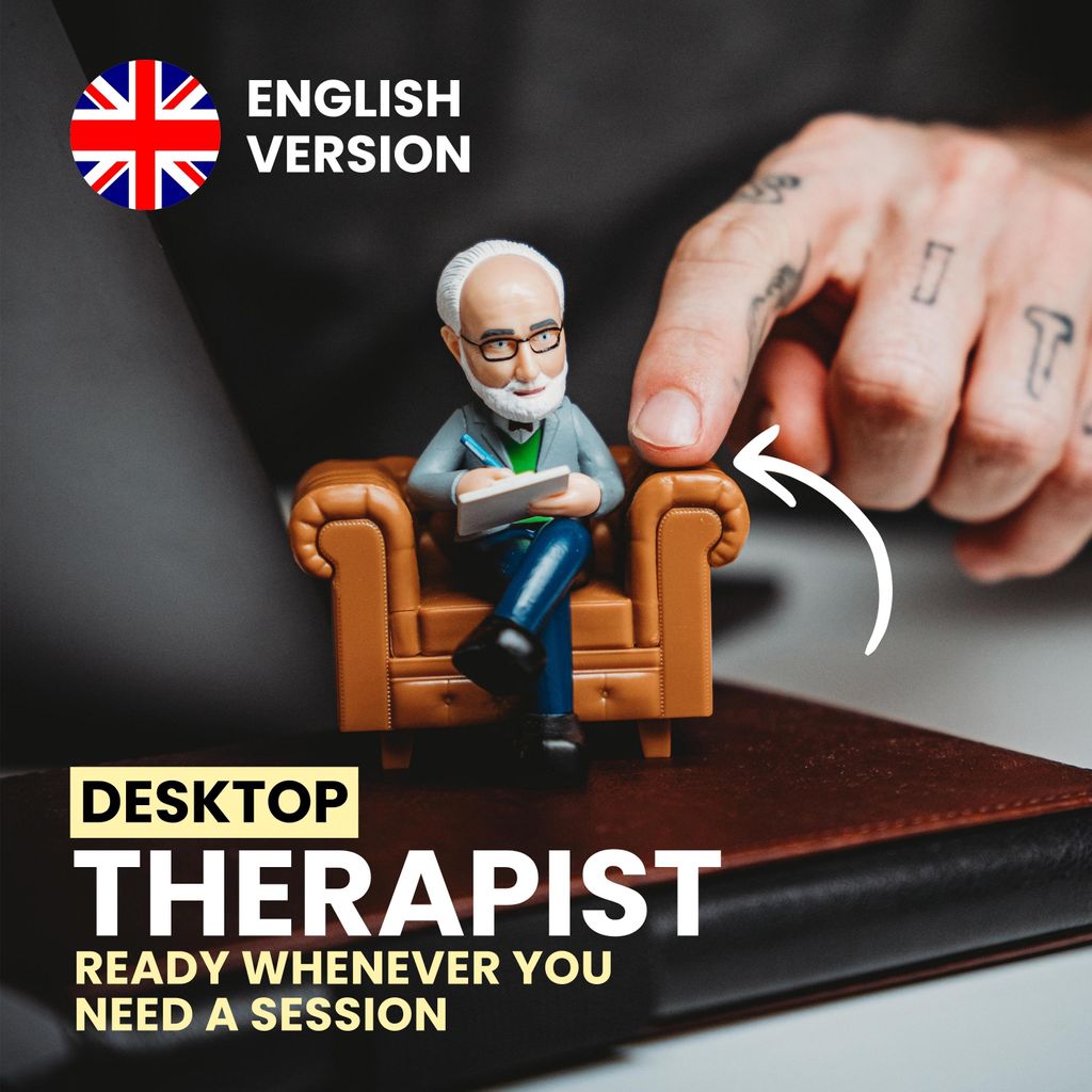 A miniature figurine of a therapist sitting in a chair, with a finger pointing towards it.