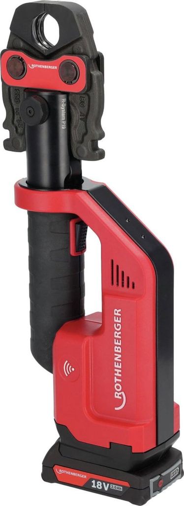 A red and black power tool with a battery pack.