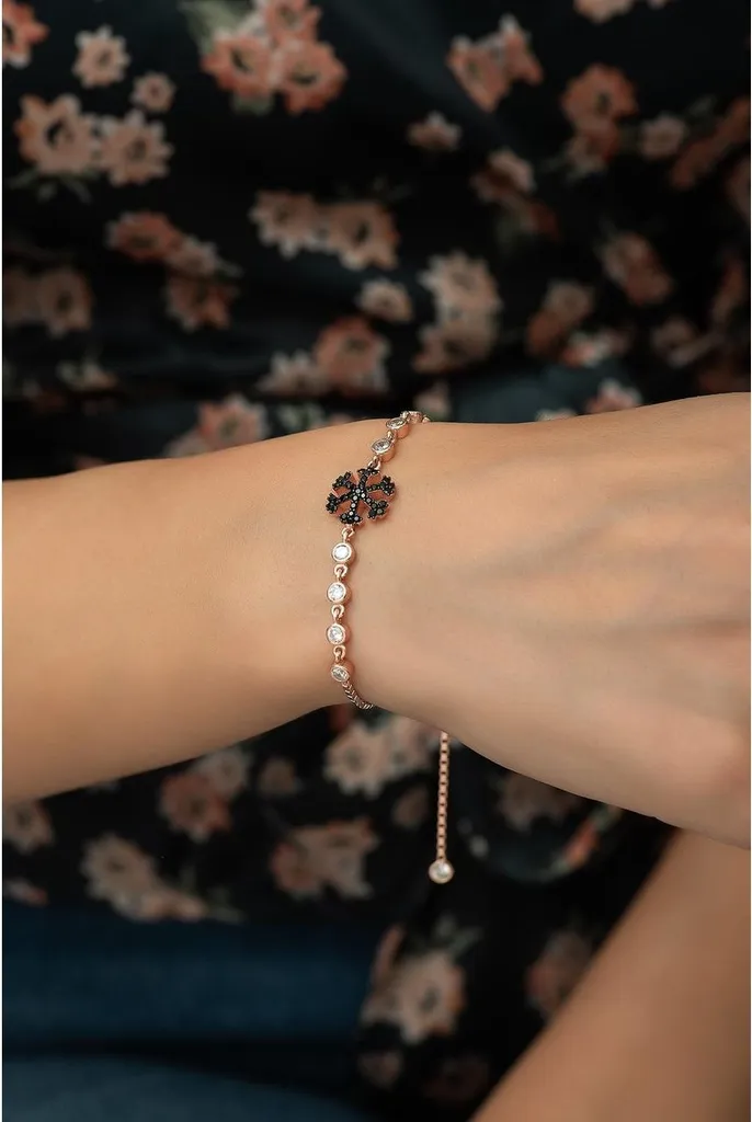 Bracelet femme argent 925 flocon noir idéal pour cadeau Noël ou hivernal
