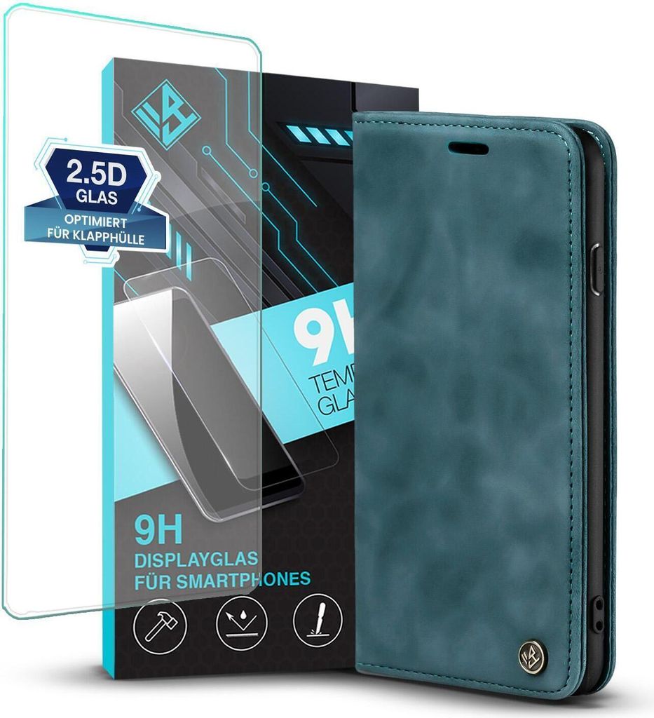 Handy Hülle für Apple iPhone 7 / 8 / SE (2020) mit 9H Displayglas Klapphülle Bookcase Flip Cover Handy Tasche Etui Farbe: Petrol