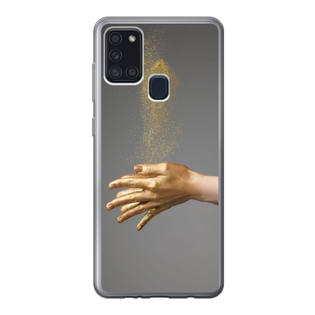 MuchoWow Handyhülle Schutzhülle Hülle für Samsung Galaxy A21s Frau mit goldgefärbten Händen und einer Glitzerwolke Silikon Softcase Handy H...