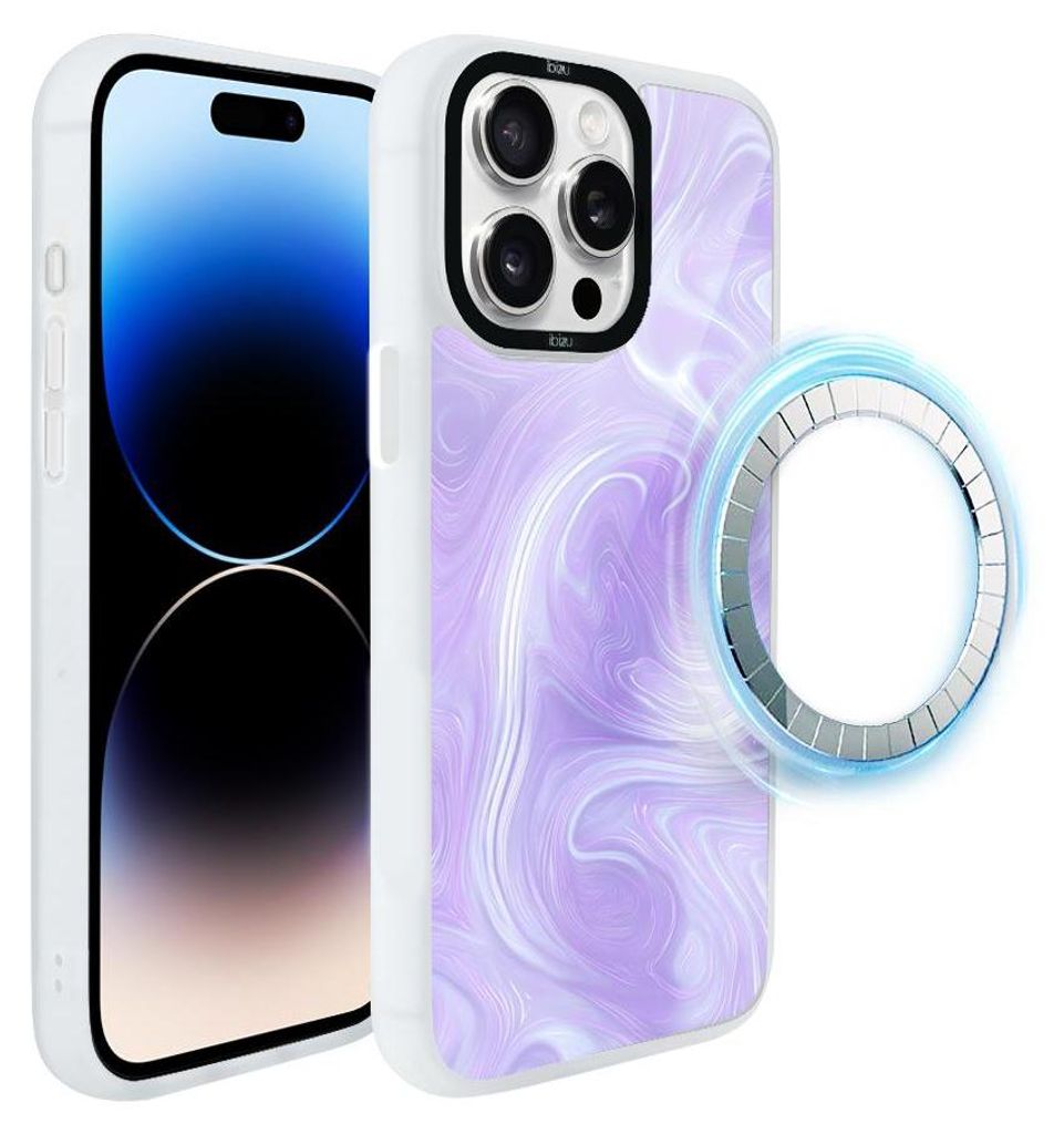 Schutzhülle für das iPhone 14 Pro Max, MagSafe-kompatibel, mattweiße Seiten, violettes Muster, Wirbel