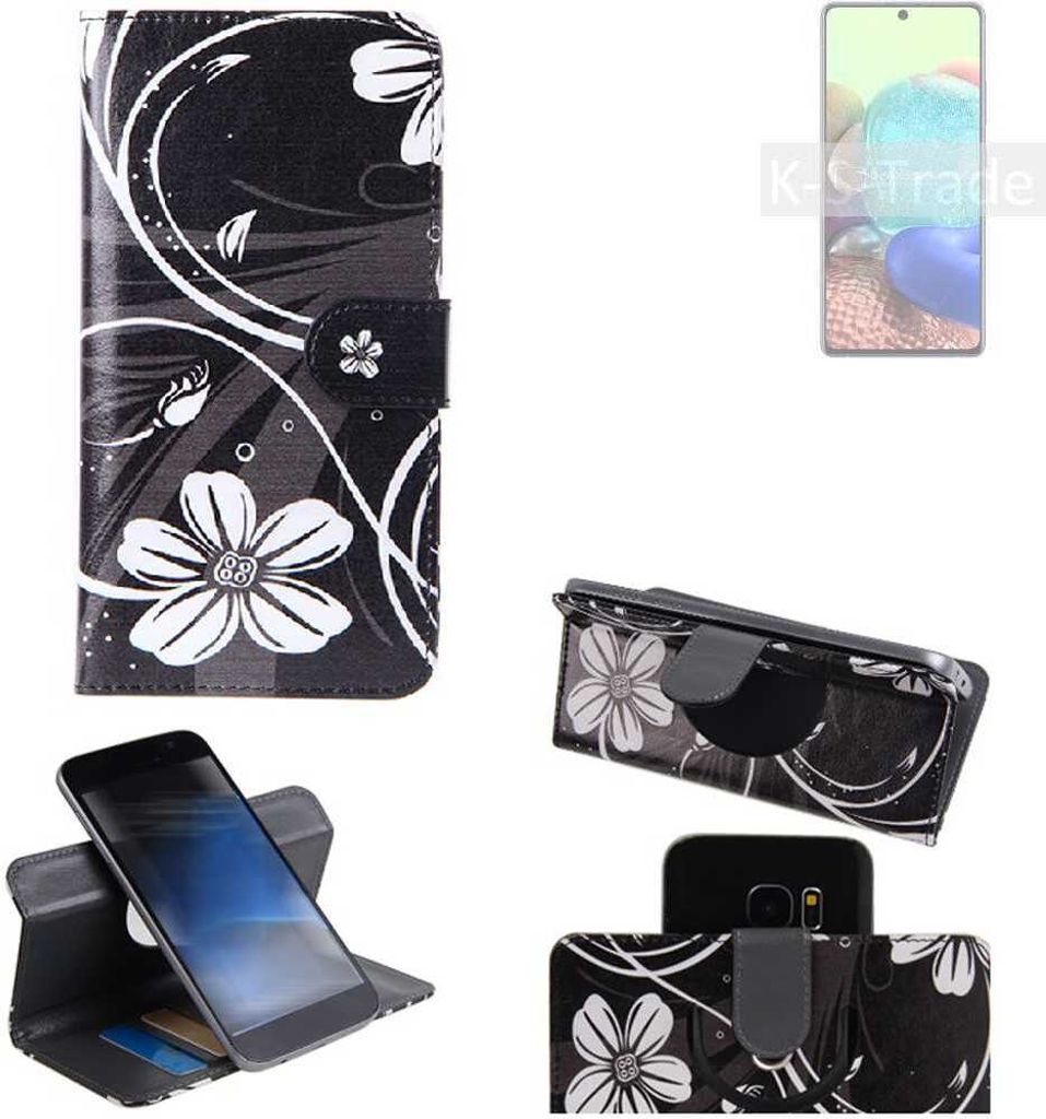 K-S-Trade Schutzhülle Handyhülle kompatibel mit Oppo A72 5G Hülle 360° Wallet Case ''Flowers'' Klapphülle Hülle schwarz-weiß 1x