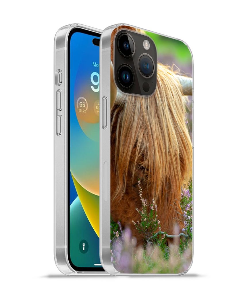MuchoWow Handyhülle Schutzhülle Hülle für Apple iPhone 14 Pro Max Schottischer Hochländer - Hörner - Heidekraut Silikon Softcase Handy Hül...