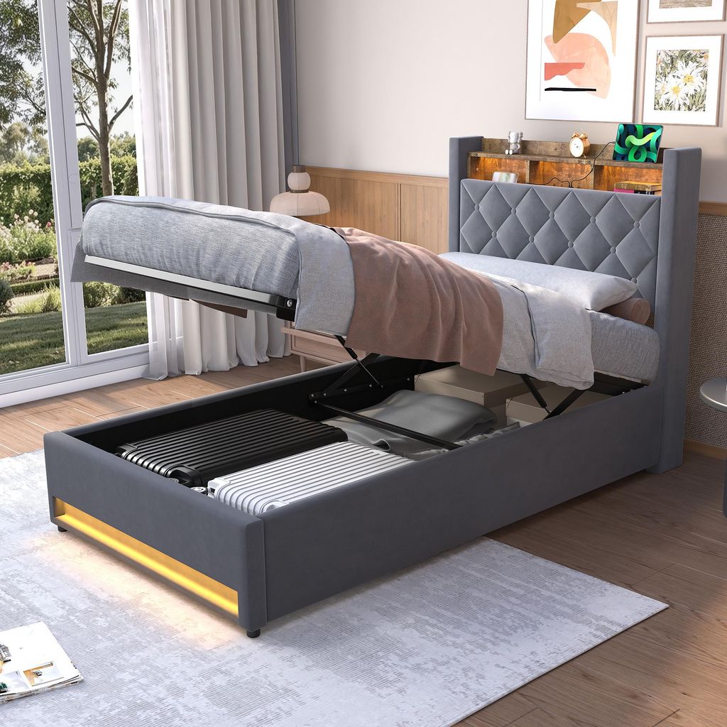 okwish Polsterbett 90×200 mit USB & Kopfteil-Ablage, Produktbild 