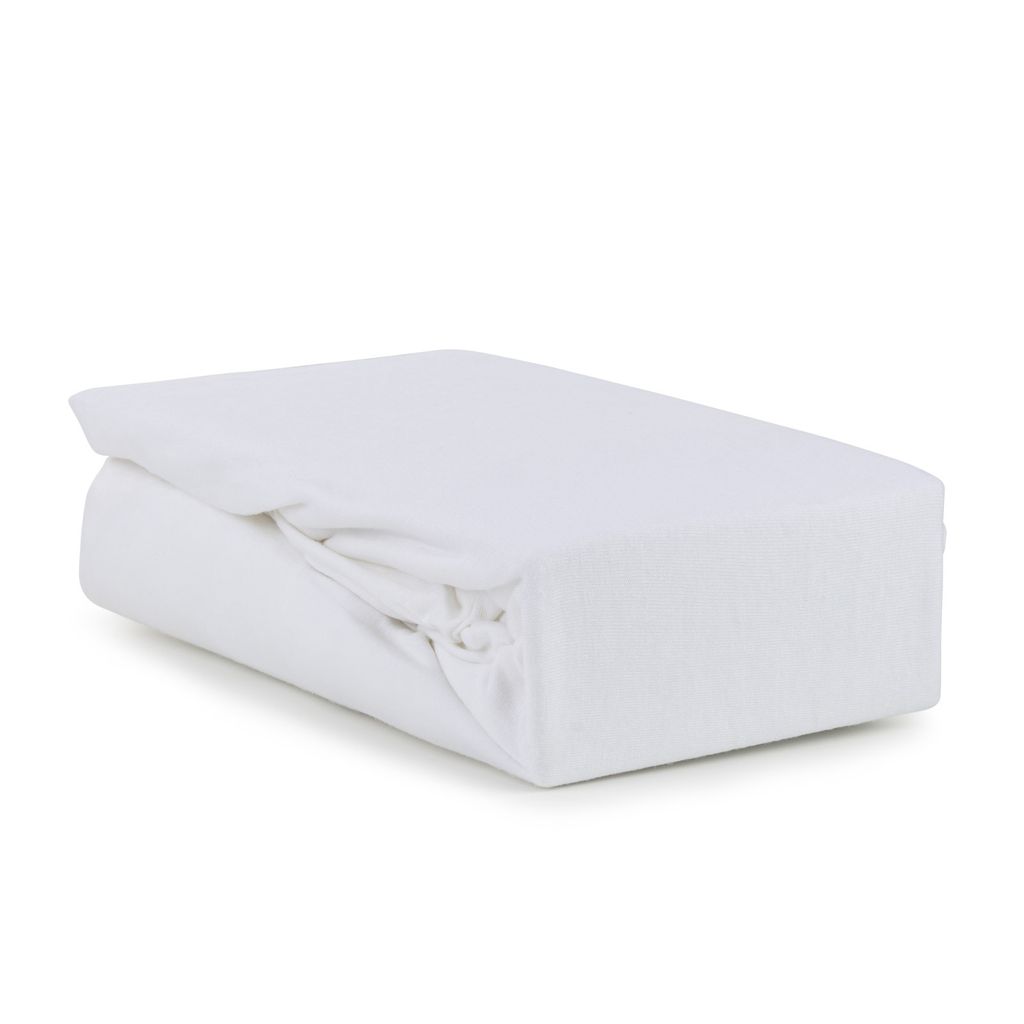 A folded white fitted sheet on a white background.