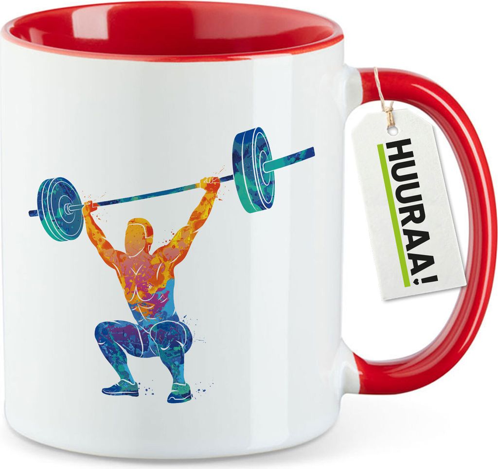 Huuraa Kaffeetasse Gewichtheber Powerlift bunte Silhouette 330ml Rot Keramik Kaffeebecher Geschenkidee